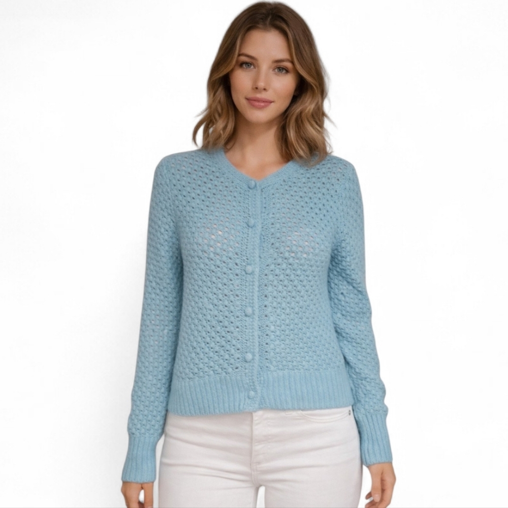 L.L.Bean Open-Knit Angora Wool Blend Cardigan — Sky Blue. XS